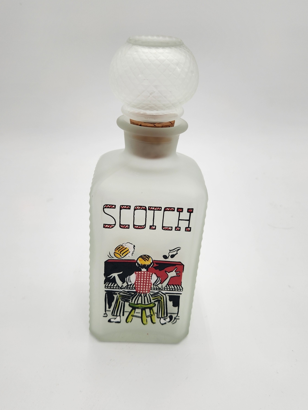 Vintage frosted glass scotch decanter from Gay Fad Studios, dating 1950'S